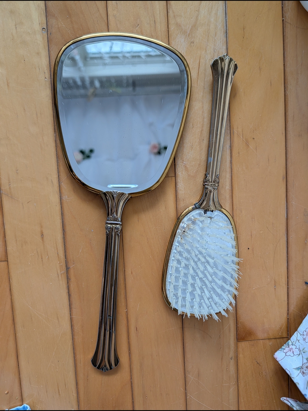 Vtg Brass Hand Mirror and Hairbrush